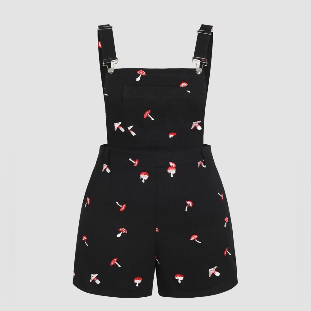 Cider Mushroom Shorts Overalls Romper in Black